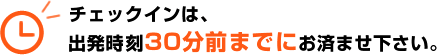 チェックインは、出発時刻の30分前までにお済ませください。